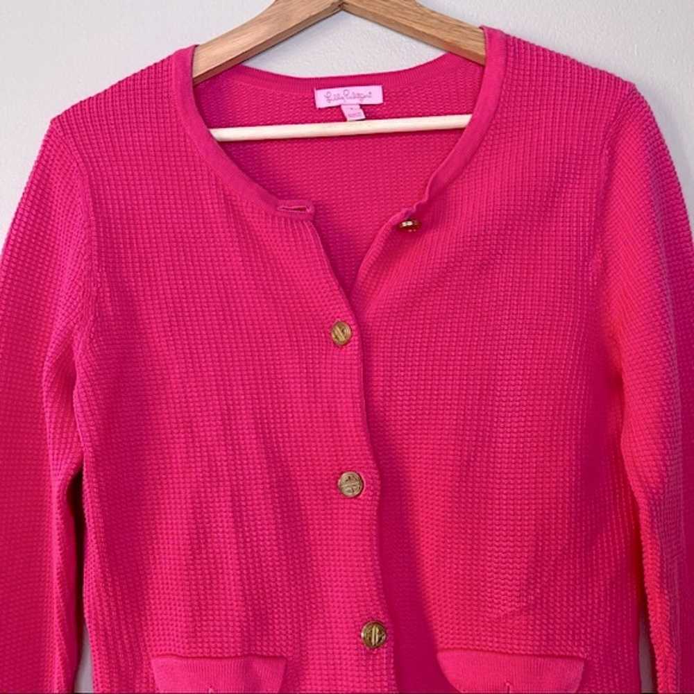 Y2K Lily Pulitzer Long Sleeve Pink Cardigan Waffle Knit Sweater Size Small - Picture 5 of 9